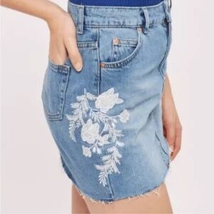 Topshop Blue Denim Skirt with White Floral Design